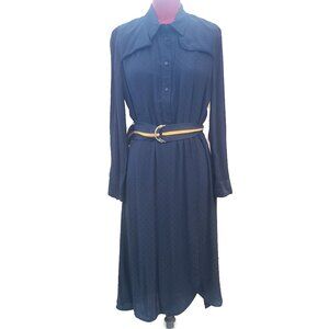 Sandro Paris Marc Dress Navy Blue Crinkle Dot Long Sleeve Button Front 40 US 8